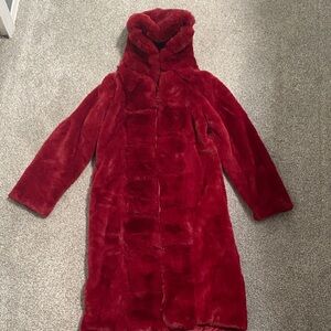 Alice + Olivia Red wine faux rabbit fur long hooded hood coat xs
